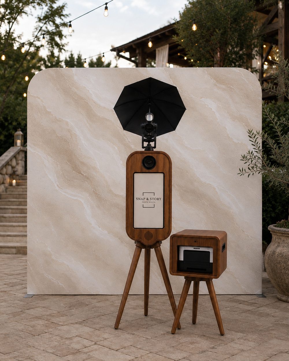 Vintage wooden photo booth on a cream marble backdrop