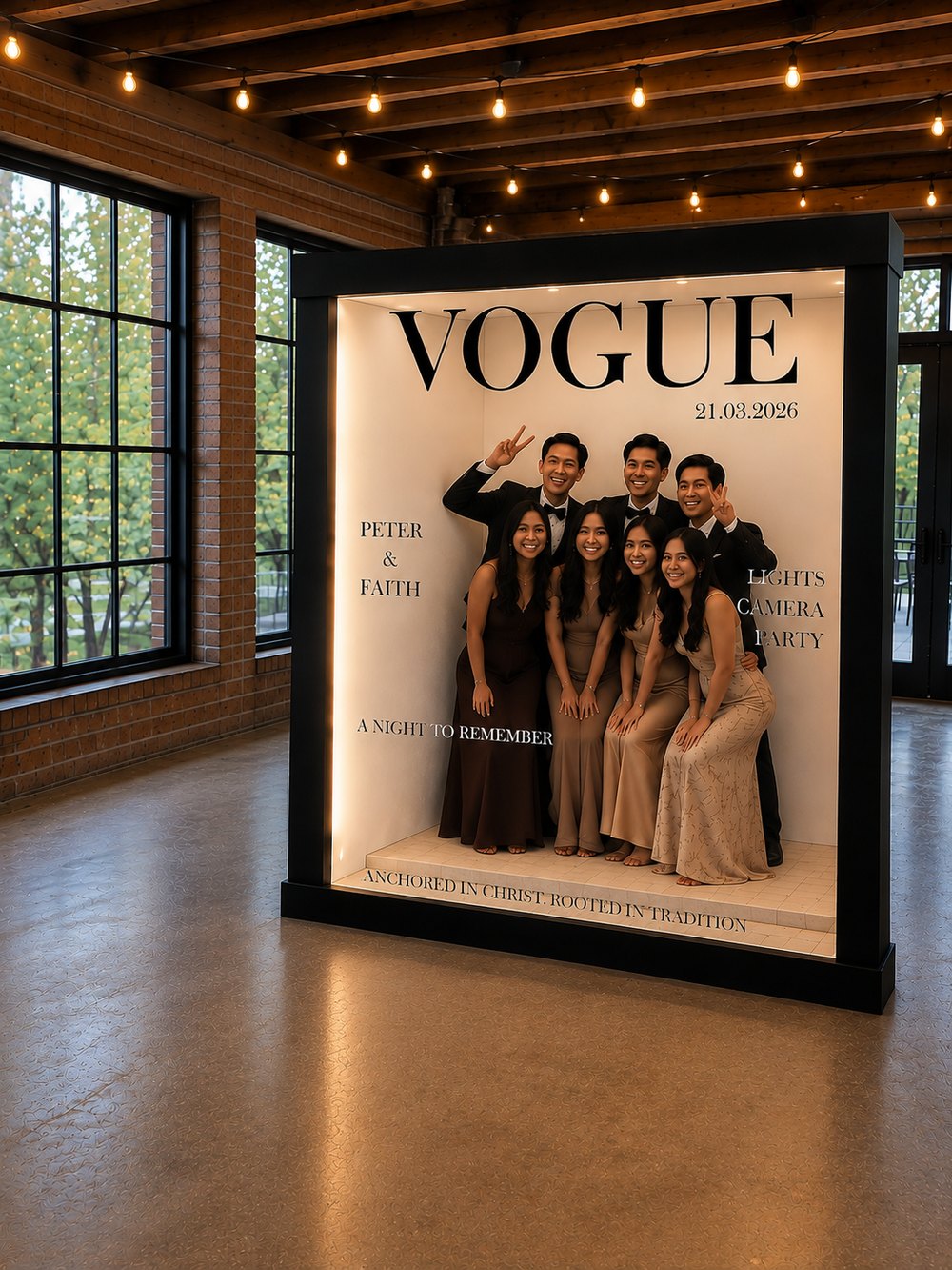 Guests posing together inside the life-sized Magazine Booth